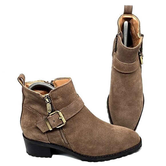 Blondo Susan Zip Bootie Suede Block Heel Dark Taupe Women's Size 6.5M - Picture 1 of 12